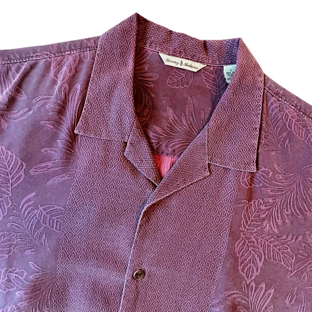 Tommy Bahama Mens Large Burgundy Silk Floral Jacquard Short Sleeve Camp Shirt